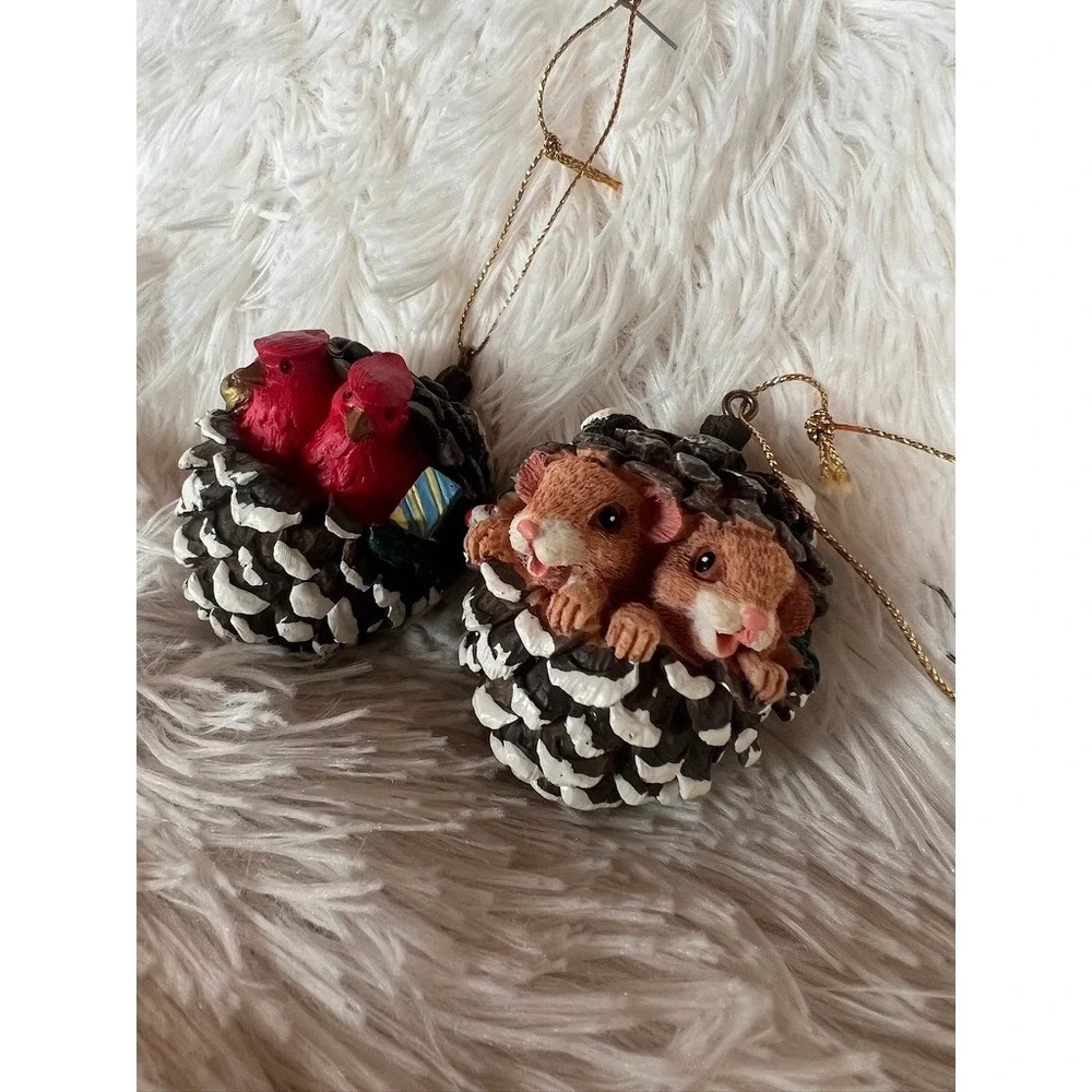 Pine Cone Christmas Ornaments Set 2 Cardinal Mice Snow Woodland Charm Forest
